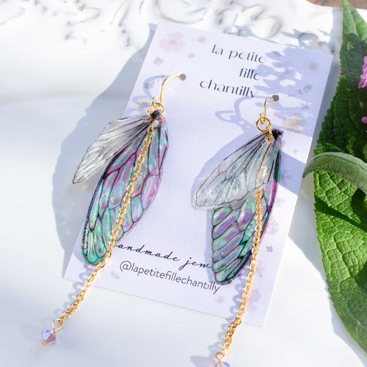Pendientes de alas de hadas - Alas de hadas holográficas. Modelo Morado/Verde, Baño en Oro 16K