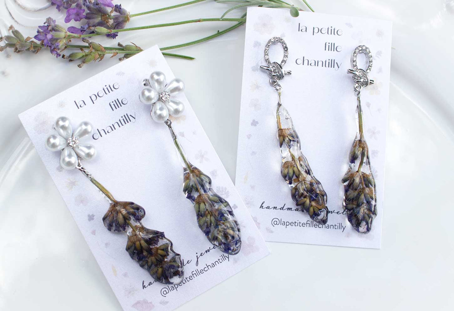 Pendientes de ramita de lavanda natural - tallos colgantes de flores