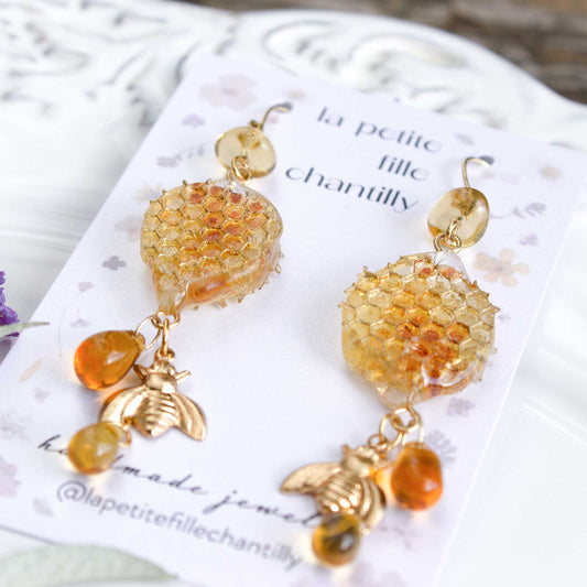 boucles d'oreilles longues miel et abeille