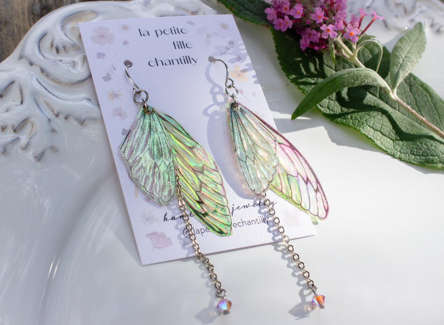 Pendientes de alas de hadas - Alas de hadas holográficas. Modelo Verde claro / Rosa, Baño de rodio
