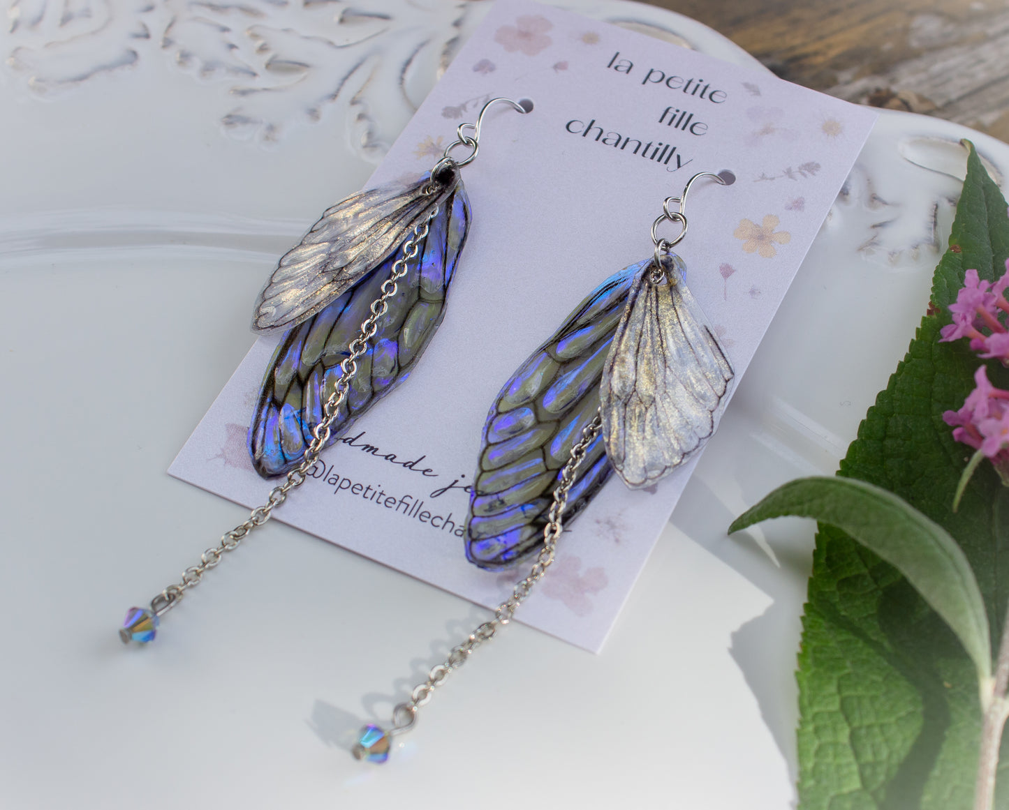 Pendientes de alas de hadas - Alas de hadas holográficas. Modelo azul / gris, Baño de rodio