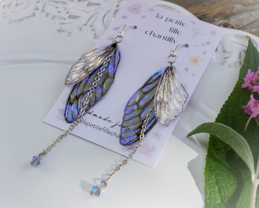 Pendientes de alas de hadas - Alas de hadas holográficas. Modelo azul / gris, Baño de rodio