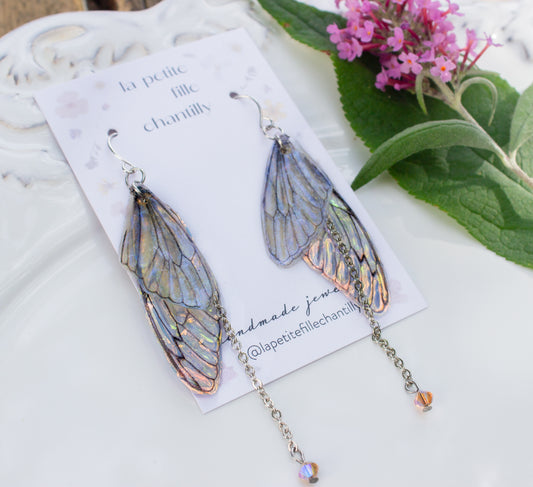 Pendientes de alas de hadas - Alas de hadas holográficas. Modelo Aurora Blue, baño de rodio.