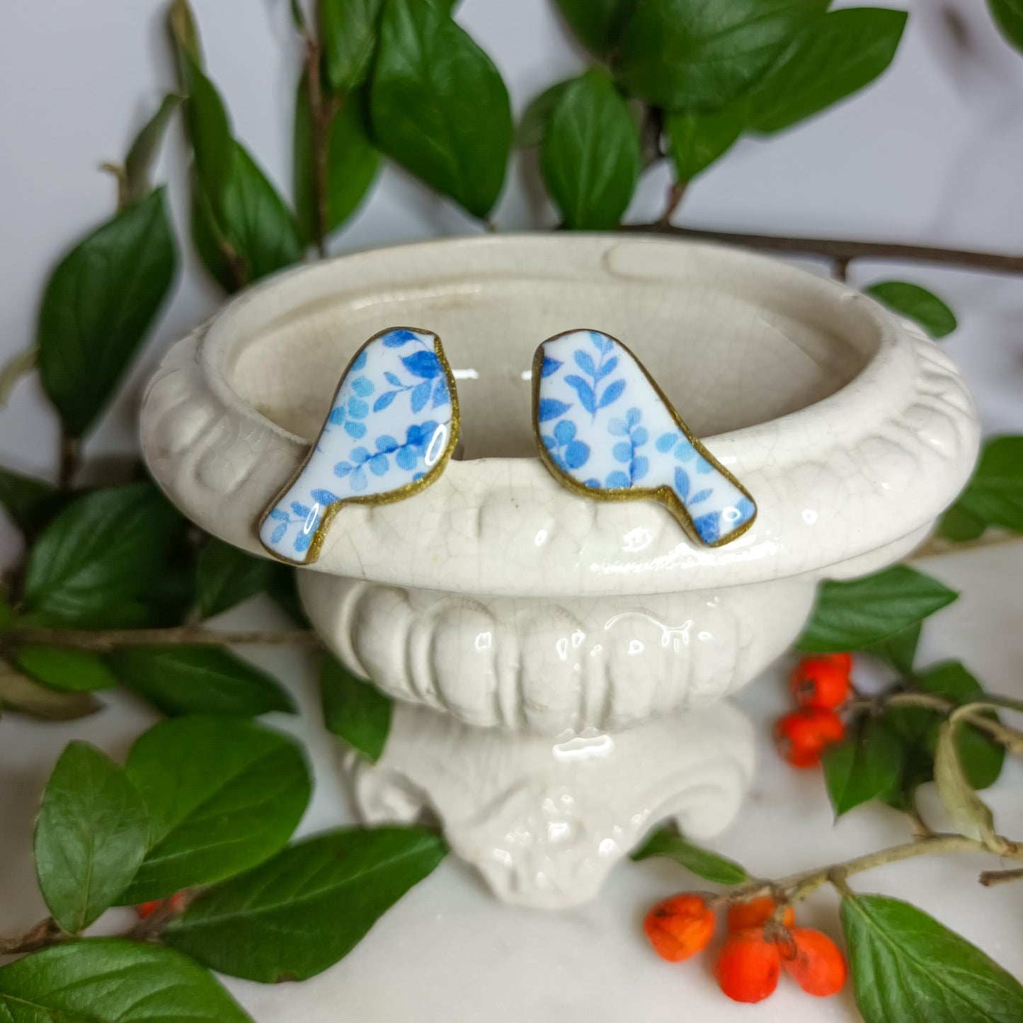 Boucles d'oreilles Oiseaux Bleus, effet porcelaine