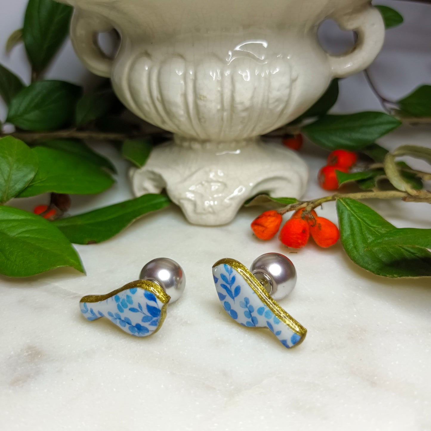 Boucles d'oreilles Oiseaux Bleus, effet porcelaine