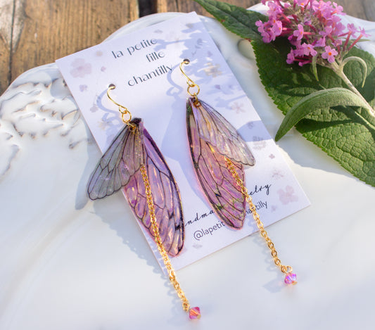 Pendientes de alas de hadas - Alas de hadas holográficas. Modelo rosa, bañado en oro de 16 quilates.